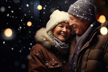 Obraz premium A mature couple enjoying a romantic winter walk in the snowy city, celebrating Christmas and the new year.