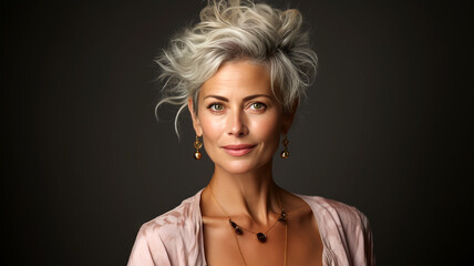 Naklejka premium Portrait of beautiful woman blonde on dark background, business lady, concept of female leadership