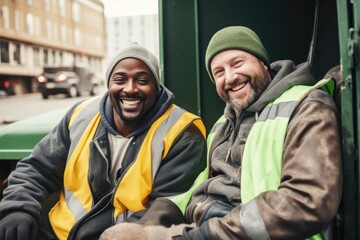Portrait of two cheerful and smiling adult male garbage and waste collector workers. - obrazy, fototapety, plakaty
