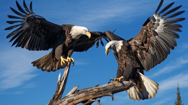 an image of a pair of eagles engaged in an intricate mid-air dance, their talons locked together against a vivid blue sky