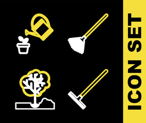 Set line Garden rake for leaves, saw and Watering can icon. Vector