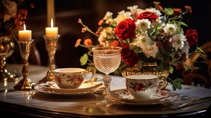 an inviting image of a beautifully set dining table, bathed in soft candlelight, with fine china, crystal glassware, and an arrangement of fresh flowers as the centerpiece