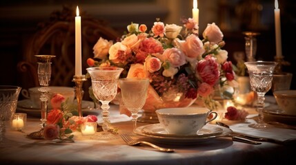 Obraz na płótnie Canvas an inviting image of a beautifully set dining table, bathed in soft candlelight, with fine china, crystal glassware, and an arrangement of fresh flowers as the centerpiece