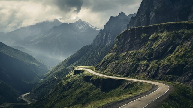 an image of a winding mountain road as it ascends through the folds and crevices of rugged mountains