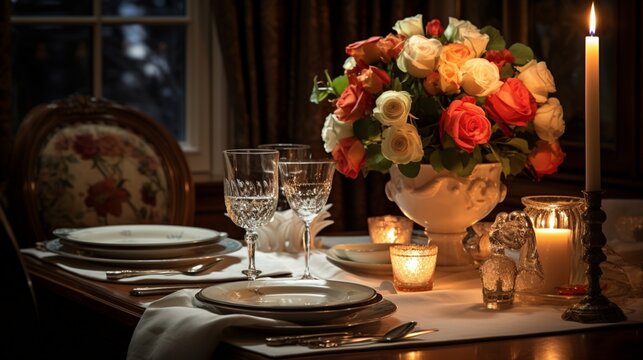 an inviting image of a beautifully set dining table, bathed in soft candlelight, with fine china, crystal glassware, and an arrangement of fresh flowers as the centerpiece
