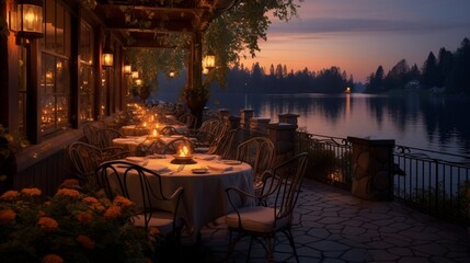 Fototapeta na wymiar Depict a serene scene of a lakeside restaurant at twilight, with soft, ambient lighting, a lakeside view, and diners savoring a memorable meal
