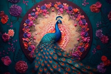 Round background wall decorated with a colorful flower peacock design. Generative AI