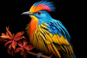 A vibrant avian species against contrasting black and blue backgrounds. Generative AI