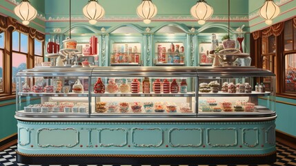 Paint a detailed portrait of a vintage ice cream parlor, with glass display cases filled with...