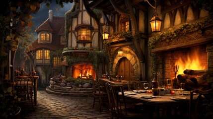 Paint a detailed view of a romantic candlelit bistro, with vintage wine barrels, flickering candles, and a couple sharing a romantic meal by soft candlelight
