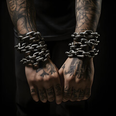 Two hands bound together with chains. A representation of incarceration and jail.  Generative ai. 