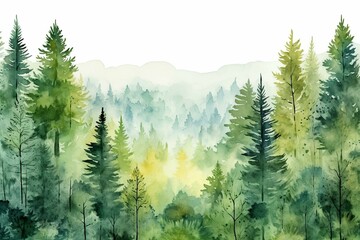 Artistic watercolor background with lush evergreen trees, suitable for card or invitation designs. Generative AI - obrazy, fototapety, plakaty