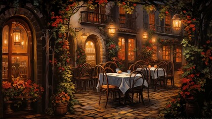 Fototapeta na wymiar Paint a detailed view of a romantic candlelit bistro, with vintage wine barrels, flickering candles, and a couple sharing a romantic meal by soft candlelight