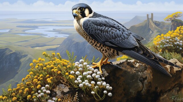 Paint a detailed portrait of a peregrine falcon, capturing its intense gaze and streamlined form, ready to take flight from a cliff's edge
