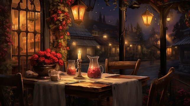 Paint a detailed view of a romantic candlelit bistro, with vintage wine barrels, flickering candles, and a couple sharing a romantic meal by soft candlelight