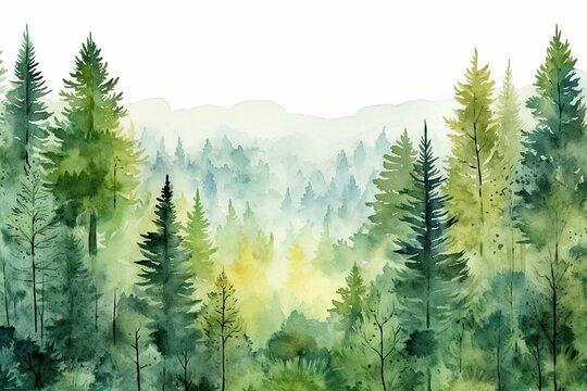Artistic watercolor background with lush evergreen trees, suitable for card or invitation designs. Generative AI
