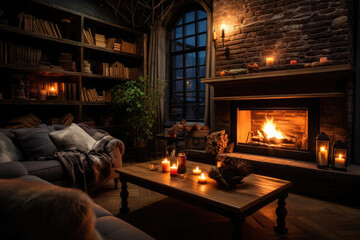 Fototapeta na wymiar Cozy living room with soft candlelight and a warm fireplace