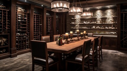 the elegance of a high-end wine cellar, with rows of meticulously organized wine bottles, dim lighting, and a tasting table set for connoisseurs - obrazy, fototapety, plakaty