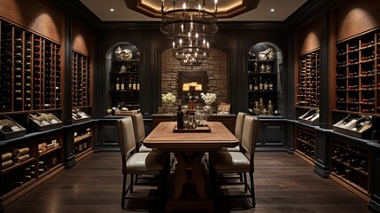 the elegance of a high-end wine cellar, with rows of meticulously organized wine bottles, dim lighting, and a tasting table set for connoisseurs - obrazy, fototapety, plakaty