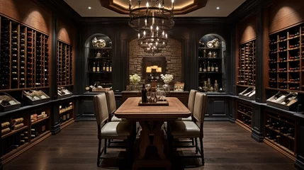 Fotobehang the elegance of a high-end wine cellar, with rows of meticulously organized wine bottles, dim lighting, and a tasting table set for connoisseurs © Shahzaib