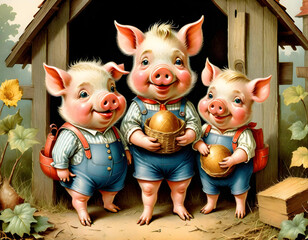 little pigs as best friends, vintage fairy tale children´s book illustration. generative ai