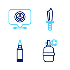 Set line Hand grenade, Bullet, Military knife and Location peace icon. Vector