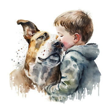 Cute little boy kissing his dog vector watercolor paint ilustration