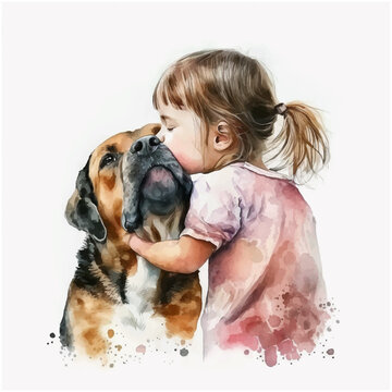 Cute little girl kissing her dog watercolor hand painted vector.