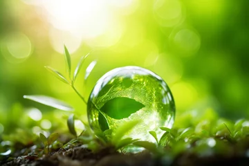 Foto op Canvas Glass ball with green plant growing in the ground. Environment concept. Green eco concept with leaves in glass sphere on green background. 3D rendering © vachom