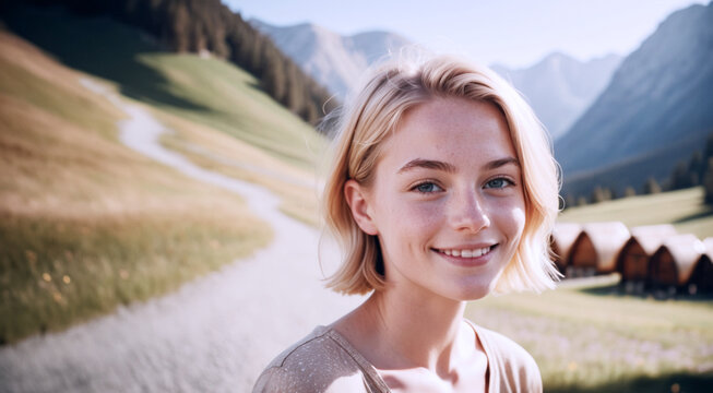 immagine primo piano di giovane ragazza dai capelli biondi corti sorridente, luce diurna, panorama con valle alpina come sfondo