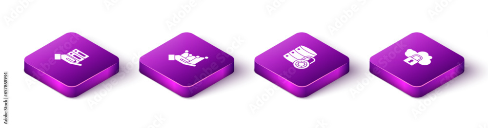 Poster set isometric server, data, web hosting, pie chart infographic, security with lock and cloud computi