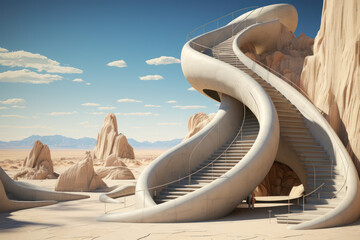 A staircase leading to nowhere, defying the laws of physics. Concept of architectural surrealism....