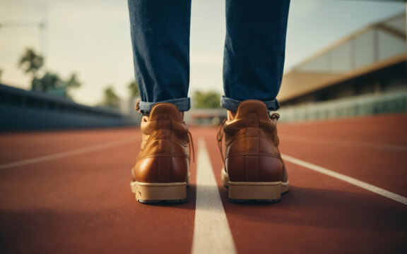Close up of male legs in sneakers standing on the stadium track created by generative AI technology.