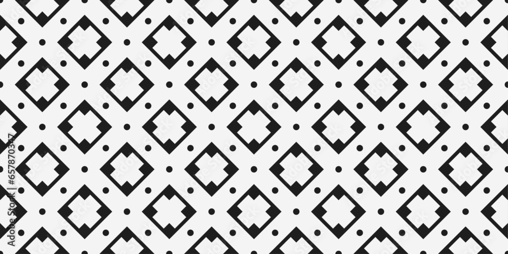 Fototapete Diagonal rhombuses with crosses inside them. There are dots between the diamonds. Vector monochrome pattern of geometric repeating shapes.