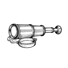 Spyglass telescope lens in sketch hand drawn style. Vector black vintage engraving illustration. Best for nautical and science designs.
