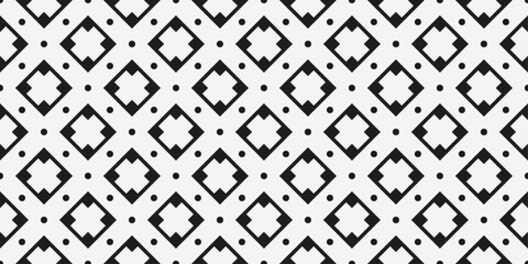 Diagonal rhombuses with crosses inside them. There are dots between the diamonds. Vector monochrome pattern of geometric repeating shapes.