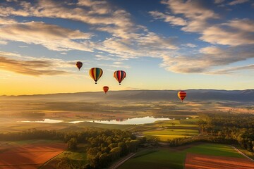 Vivid balloons above Pokolbin's scenic wine region in Hunter Valley, NSW, Australia. Generative AI - obrazy, fototapety, plakaty