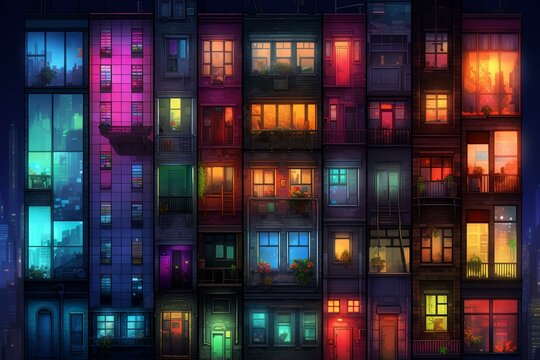 Vibrant Urban Night Scenery With Colorful Windows Lights In A City Apartment Building. Generative AI