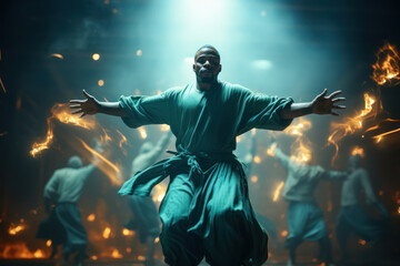 Fototapeta premium A surrealistic dance performance with gravity-defying moves. Concept of surreal choreography. Generative Ai.