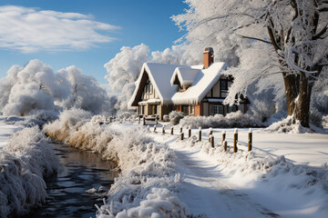 A picturesque snowy landscape with a charming cottage, evoking the serenity and tranquility of a...