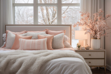 Festive bedroom decorated with peachy pink and coral accents