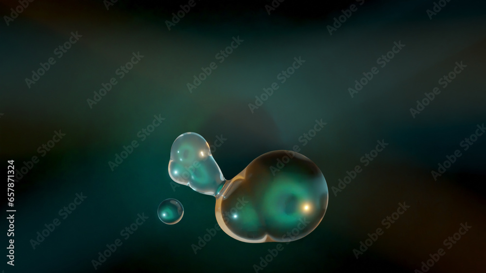 Poster 3d rendering. abstract 3d illustration of transparent liquid droplets in zero gravity. the drops mer