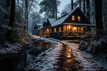 A snowy forest with a path leading to a hidden cabin, inviting exploration and adventure during the Christmas season. Generative Ai.