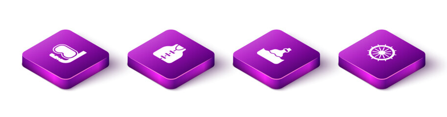 Set Isometric Diving mask and snorkel, Life jacket, Bottle with message water and Ship steering wheel icon. Vector