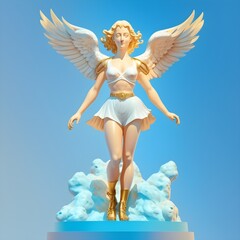 female angel standing on a cloud golden skin tone golden eyes short dirty blonde hair realistic full body shot 3d fantasy 8k glowing blue background 
