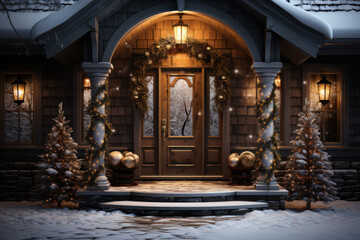 A beautifully decorated front door with a Christmas wreath and twinkling lights, welcoming guests to a holiday gathering. Generative Ai.