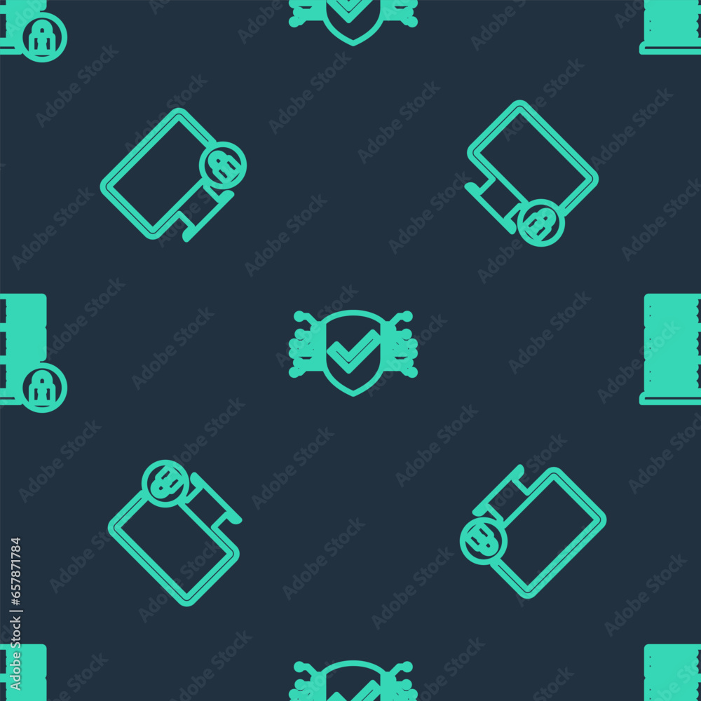 Poster set line cyber security, lock on monitor and server with lock on seamless pattern. vector