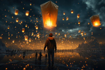 A person releasing a sky lantern into the night sky, carrying their hopes and wishes for the coming...