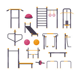 Outdoor street sport fitness equipment for workout and training. Vector icon set of trainer machine, ladder, workout place, gym, sport playground. Healthy Life. Urban infrastructure