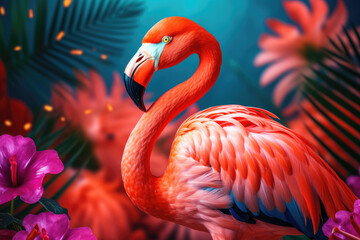 Flamingo on a vivid tropical background - obrazy, fototapety, plakaty